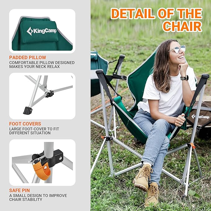 KingCamp Hammock Chair with Footrest, Swinging Portable Folding Camping Chairs for Adults MAX 400lbs Heavy Duty Foldable Oversized Rocker with Cup Holder Pillow for Outdoor Beach Patio Sport Lawn