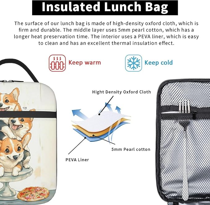 Dog Pizza Lunch Bag Insulated Reusable Lunch Box Thermal Cooler Tote For Men Women Work Travel Picnic Hiking