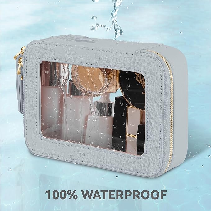 Prite Clear Makeup Bag Cosmetic Organizer Case Waterproof Travel Toiletry Bag Skincare Pouch with Golden Zipper(Grey)