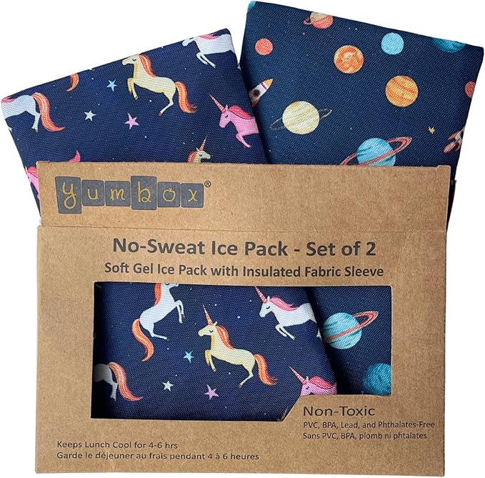 Yumbox Reusable Soft Ice Packs with Fabric Sleeve for Lunch Box and Cooler, Sweatproof, Pack of 2 Gel Ice Packs, Outer Space and Unicorns Prints