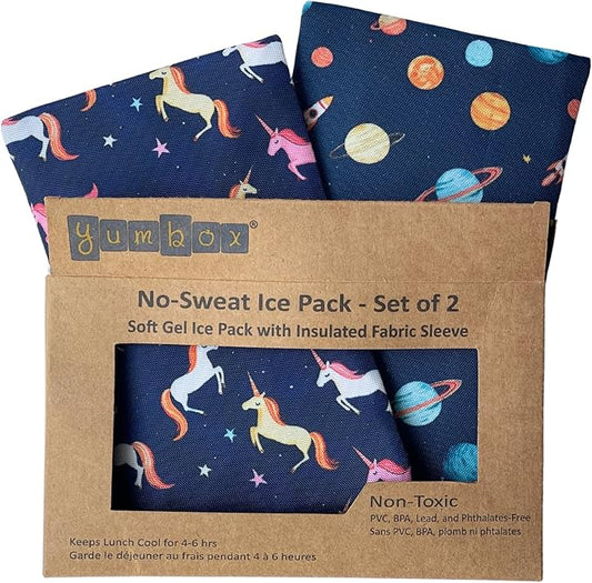 Yumbox Reusable Soft Ice Packs with Fabric Sleeve for Lunch Box and Cooler, Sweatproof, Pack of 2 Gel Ice Packs, Outer Space and Unicorns Prints