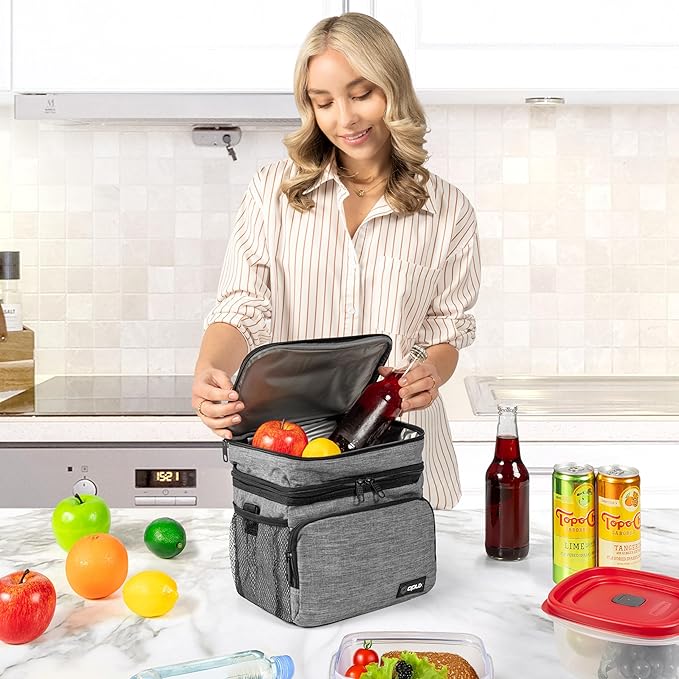 opux Insulated Lunch Bag for Men Women, Large Dual Compartment Cooler Bag, Soft Two Deck Lunch Box for Work School Picnic, Leakproof Lunch Tote with Shoulder Strap for Kid Adult (Gray, Double Deck)