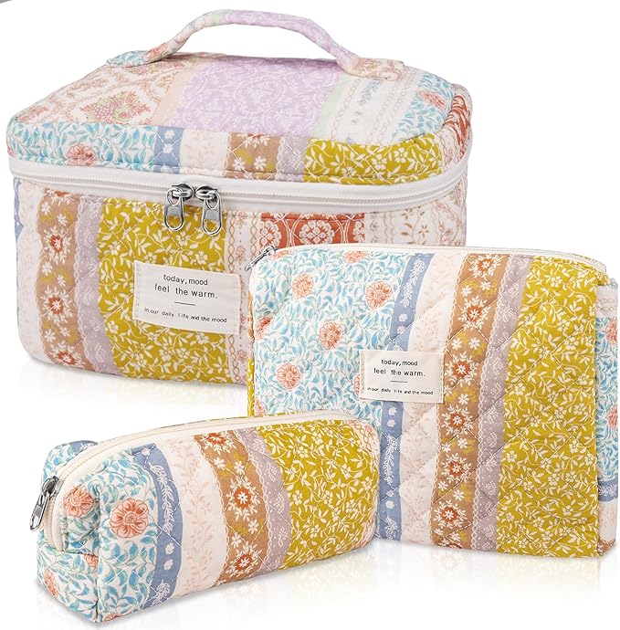 Makeup Bag Set, Quilted Makeup Bag, Large Floral Cosmetic Bag for Women, Cute Cotton Makeup Bag, Flower Travel Toiletry Organizer Bag(Color-Coded Floral)