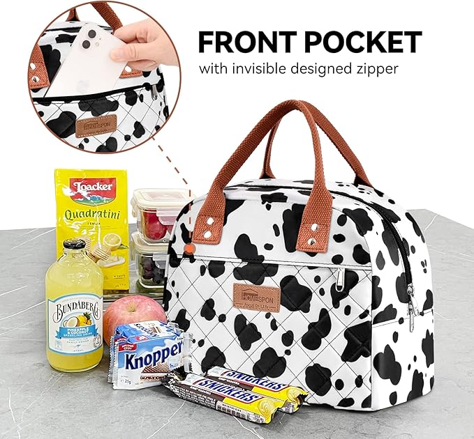 HOMESPON Insulated Lunch Bag for Women Men Adults Lunch Tote with Front Pocket Lunch Box Container Cooler Bag for Work Picnic (Cow Print)