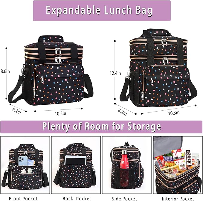 GLENKEY Expandable Lightweight Insulated Lunch Box for Women, Double Deck Large Lunch Bag Leakproof Soft Cooler Bags for Adults Work Office Flight Beach Travel, Polka Dots, 16L