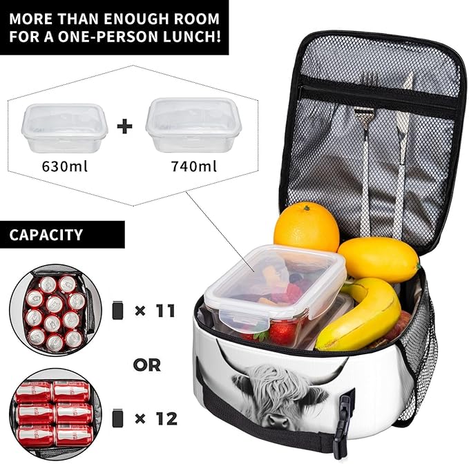 SARA NELL Cow Insulated Lunch Bag Portrait Of Highland Cow Lunch Cooler Box for Women Men Teens Kids, Reusable Lunch Tote Bag, Leakproof Thermal Lunch Bags for Work, Picnic, School or Travel