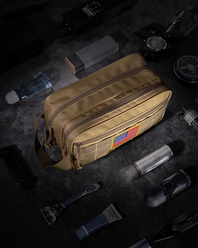 TACTICISM Toiletry Bag for Men - Dry Wet Separate Hygiene Bag Travel Toiletry Bag, Tactical Molle Dopp Kit for Men with Large Capacity, Water-Resistant Shaving Bag for Adult Women for Travel, Brown