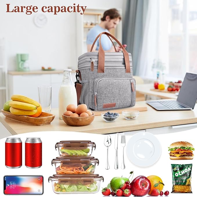 Lunch Box & Lunch Bag for Women Men, Large Insulated Adult Lunch Box Leakproof Lunchbox Cooler Bag for Work Picnic Beach,16L, Gray