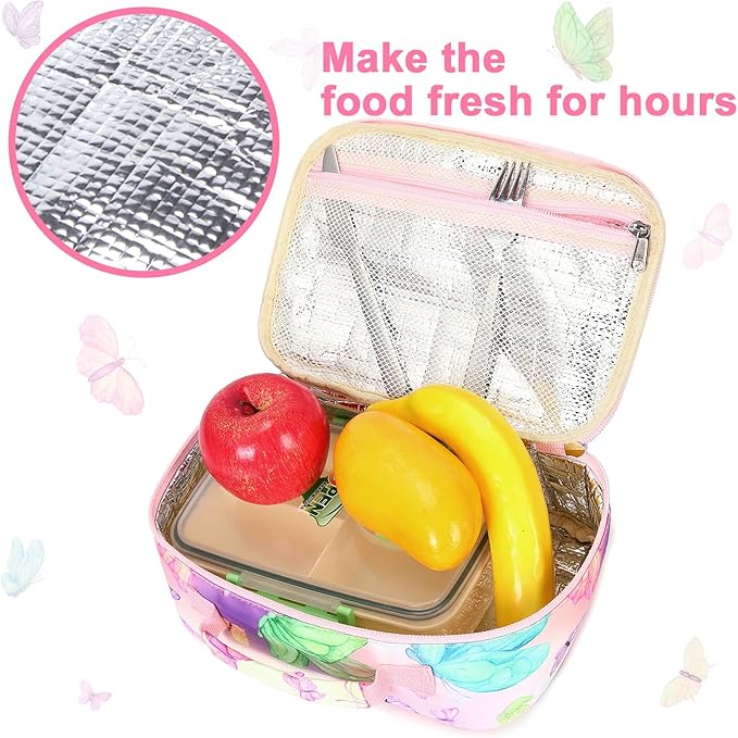 Kids Lunch Box Girls Boys Insulated Lunch Cooler Bag Reusable Lunch Tote Kit for School Travel (Butterfly)