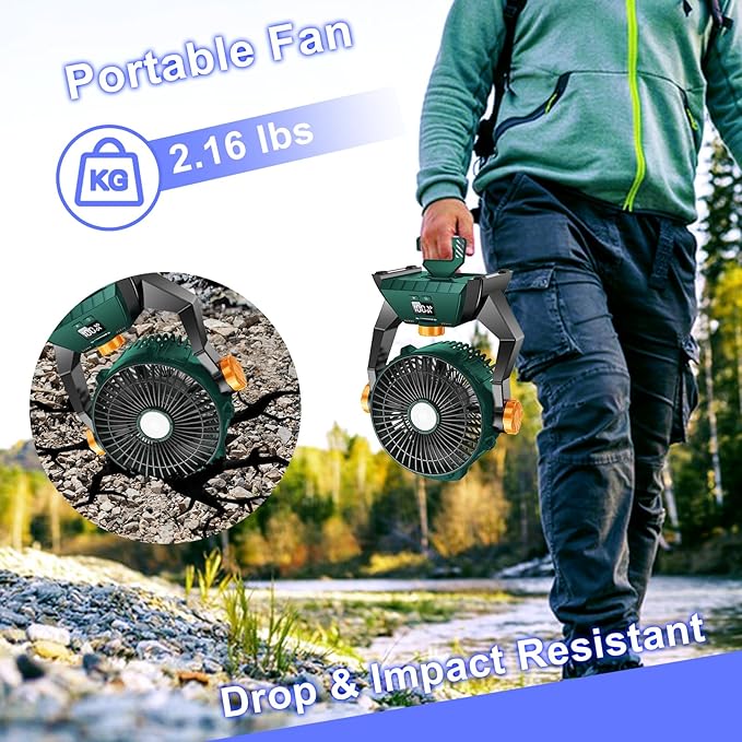 Camping Fan - Rechargeable Portable Battery Powered Camping Fans for Tents with LED Light, Power Display, Timers & 360° Hanging Hook, Ultra Quiet USB Personal Tent Fan for Fishing Travel Home Office