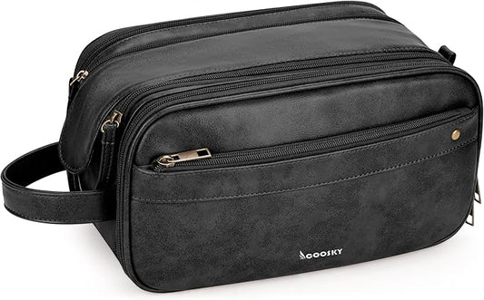Travel Toiletry Bag for Men, Large Hanging Toiletries Organizer Bags for Women, Cruise Ship Essentials, Water-resistant Shaving Case, PU Leather Makeup Accessories, Cosmetic Dopp Kit, Black