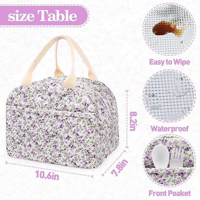 Cotton Quilted Insulated Lunch Bag, Cute Quilted Floral Lunch Tote Bags Reusable Insulated Lunch Box Coquette Aesthetic Large Capacity Insulated Cooler for Women Men Work Travel Picnic (Purple)