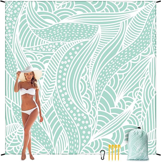 Beach Blanket Sandproof Extra Large Beach Mat Adults Waterproof Quick Drying Sand Free Mat Made by Premium Polyester with 4 Stakes & 4 Corner Pockets for Outdoor Travel Camping Hiking