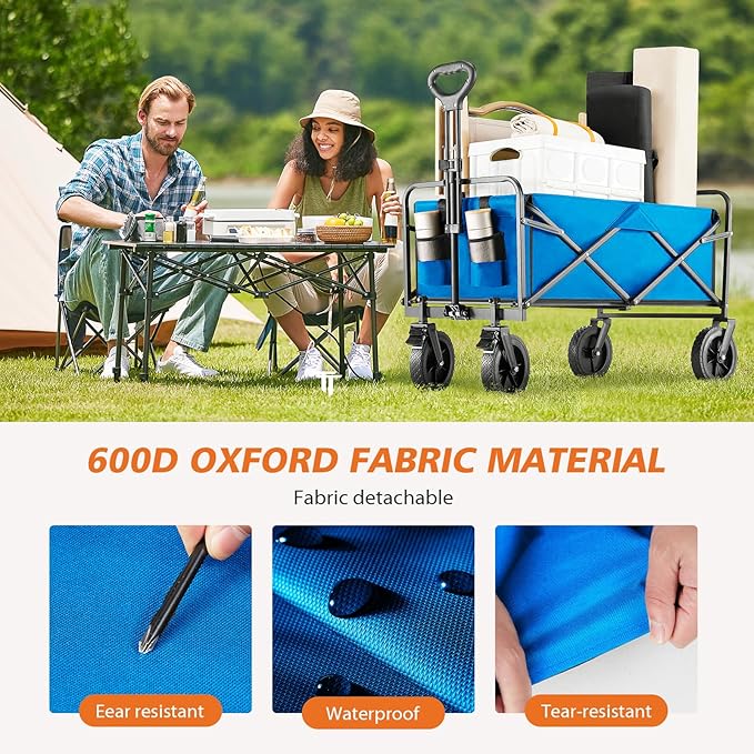 Sweetcrispy Foldable Wagon Cart, Collapsible Large Capacity Garden Cart with Wheels, Heavy Duty Utility Grocery Wagon with Drink Holders for Shopping Sports Camping