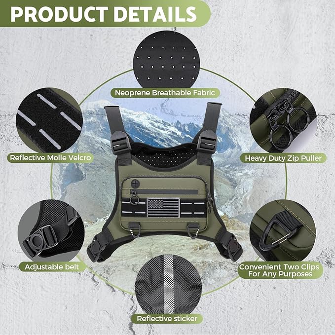 Sports Chest Bag For Men Women, Water Resistant Lightweight Front Chest Pack, Running Vest Bag With Built-In Phone Holder & Extra Storage For Workouts, Running, Cycling (Olive)