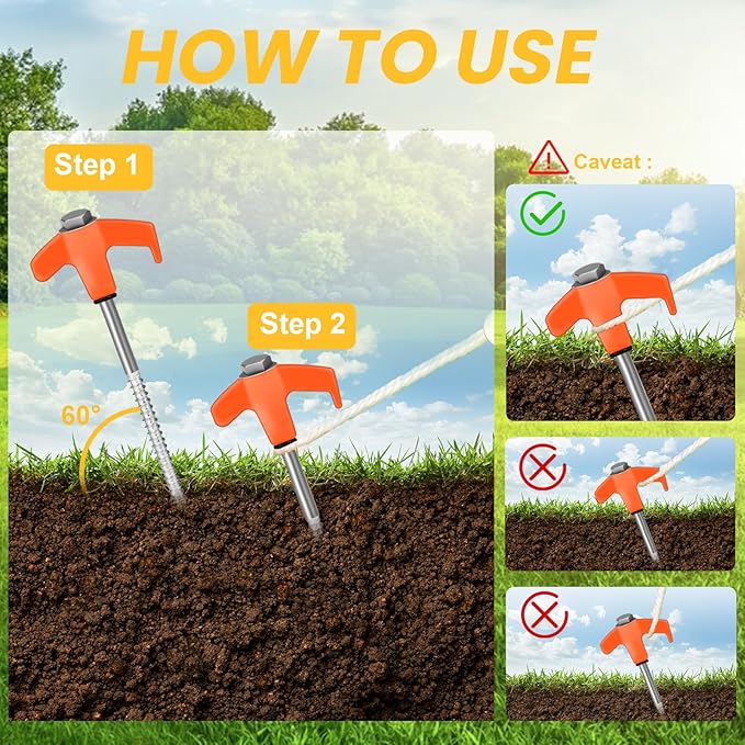 12 Pack 8" Screw in Tent Stakes Heavy Duty- Ground Anchors Screw- Tent Pegs Camping Stakes- Hex Pegs Drillable Tent Stakes and Hexagon Head Drive and Storage Box (Orange)