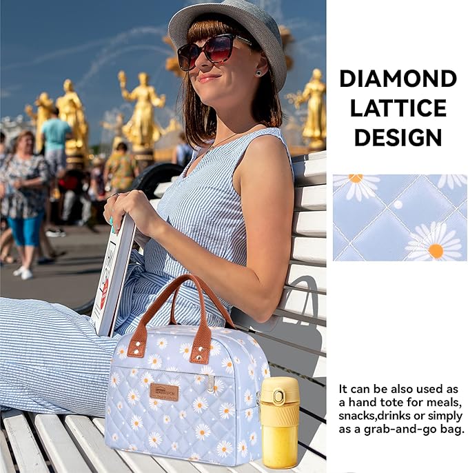 HOMESPON Insulated Lunch Bag for Women Men Adults Lunch Tote with Front Pocket Lunch Box Container Cooler Bag for Work Picnic (Blue Daisy)