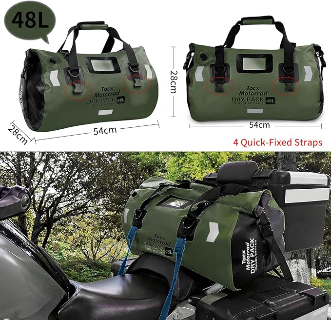 Waterproof Duffel Bag for Men/Women, Roll-top Dry Backpack Duffel Bag with Quick-fixed Straps, Motorcycle Tail Saddle Bag for Motorcycling, Rafting, Boating, Kayaking, Travel, 48L-Green