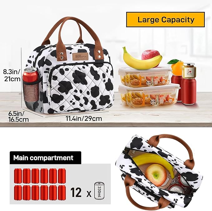 Buringer HOMESPON Lunch Bag for Woman Man Adults with Front Pocket Insulated Lunch Tote Lunch Box Container for Work Picnic or Travel（Cow with Side Pockets）