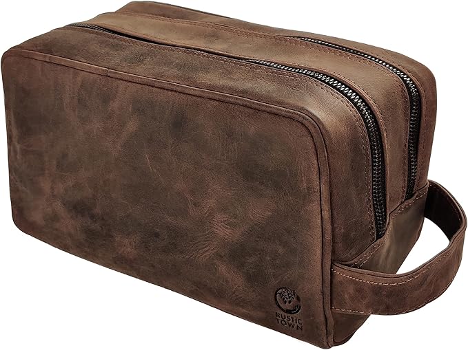 RUSTIC TOWN Full Grain Leather Travel Toiletry Bag - Dopp Kit Organizer (Dark Brown)