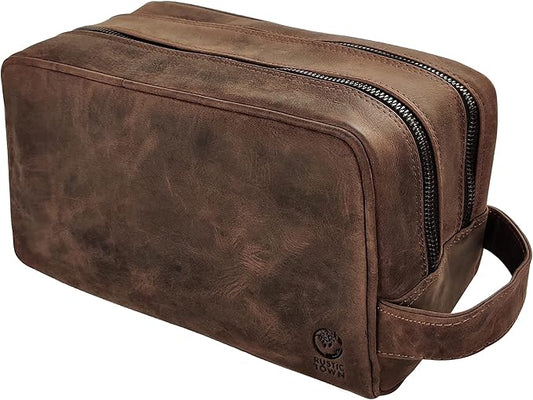 RUSTIC TOWN Full Grain Leather Travel Toiletry Bag - Dopp Kit Organizer (Dark Brown)