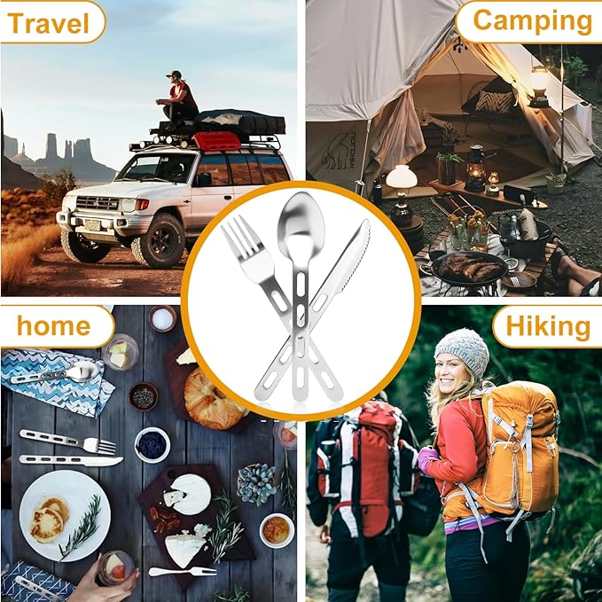 Travel Utensils, Durable Stainless Steel Camping Utensil Set, Reusable 3-Piece Travel Cutlery Set, Easy to Carry & Practical Camping Utensils for Traveling Picnic Hiking
