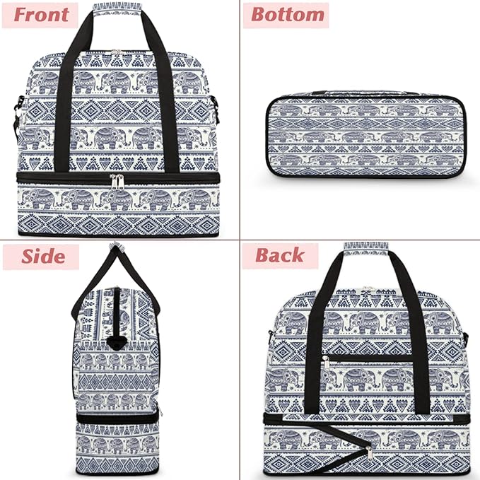Bohemian Ethnic Elephant Foldable Travel Duffel Bag Tote Carry On Luggage Sports Gym Bag With Shoe Compartment For Woman Man Overnight Weekend Yoga Workout Bag Training Handbag
