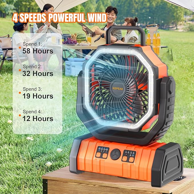 KEPEAK Rechargeable Camping Fan with LED Light, 20000Ah Battery Operated Powered Fan, 72H Runtime, Remote Control, 5.3m Airflow, Ultra-Quiet Portable Fan for Tents, Outdoor, Camping(Orange)