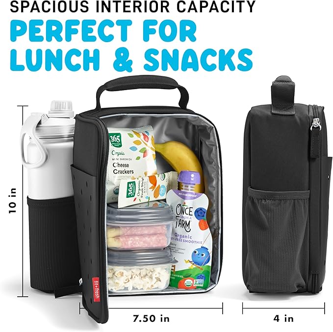 Fit & Fresh Lunch Box For Kids, Boys & Girls, School, Camp, Insulated Bag With Shoe Charm Slots For Personalization, Black