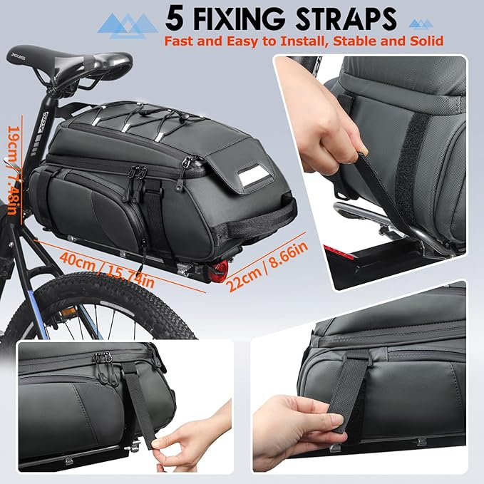 RAINSMORE Bike Bags for Bicycle Rear Rack 15L Waterproof Bike Ebike Trunk Pannier Saddle Bag with Rain Cover Bike Accessories Backpack Shoulder Bag for Commuter Travel Outdoor, Grey