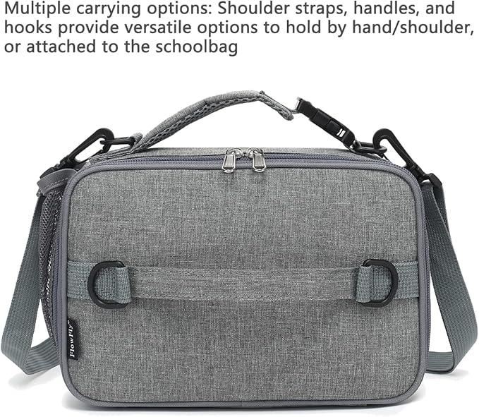FlowFly Kids Lunch Bag, Durable Insulated School Lunch Box with Shoulder Strap and Bottle Holder, Water-resistant Thermal Small Lunch Cooler Tote for Teen Boys & Girls,Grey