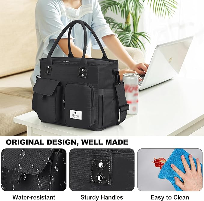 Hafmall Large Insulated Lunch Bag for Women Men, Leakproof Lunch Box for Adults, Wide Opening Lunch Tote Bag with Shoulder Strap, Reusable Lunch Cooler Bag for Work, Picnic, Black