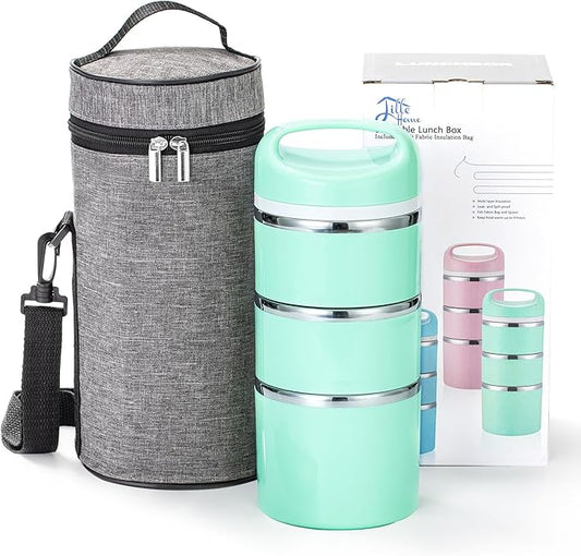 Lille Home Stackable Stainless Steel Thermal Compartment Lunch/Snack Box, 3-Tier Insulated Bento/Food Container with Lunch Bag, and Three Extra Seals, 43OZ