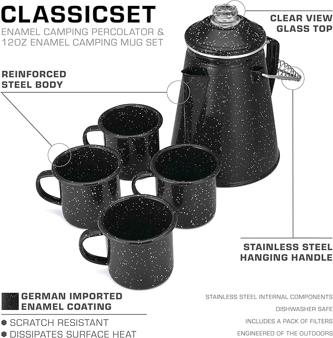 COLETTI Classic Camping Coffee Pot & Mug Set - Percolator Coffee Pot, Enamel Mug Complete Nostalgic Bundle German Imported Enamel Powder [12 oz, Set of 4] (Black)