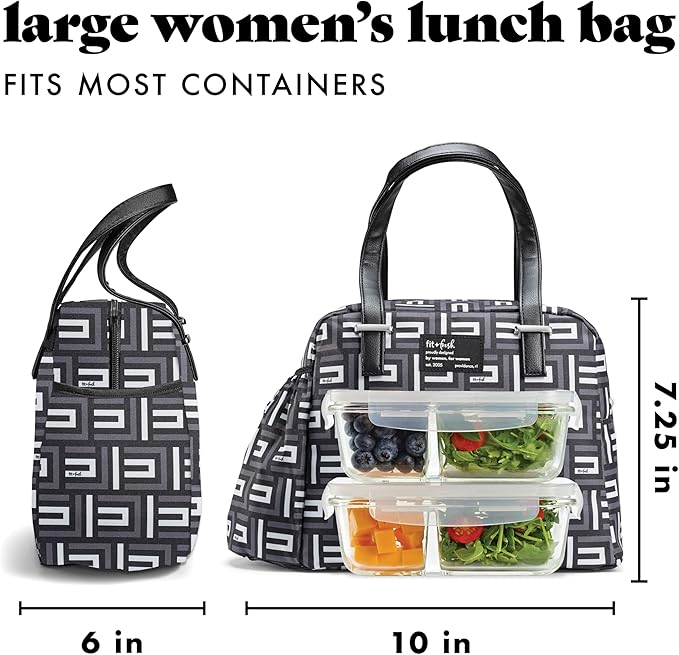 Fit & Fresh Insulated Lunch Box For Women, Leakproof & Stain-Resistant With Expandable Bottle Pocket, Zipper Closure - Laketown Lunch Bag Black Geo