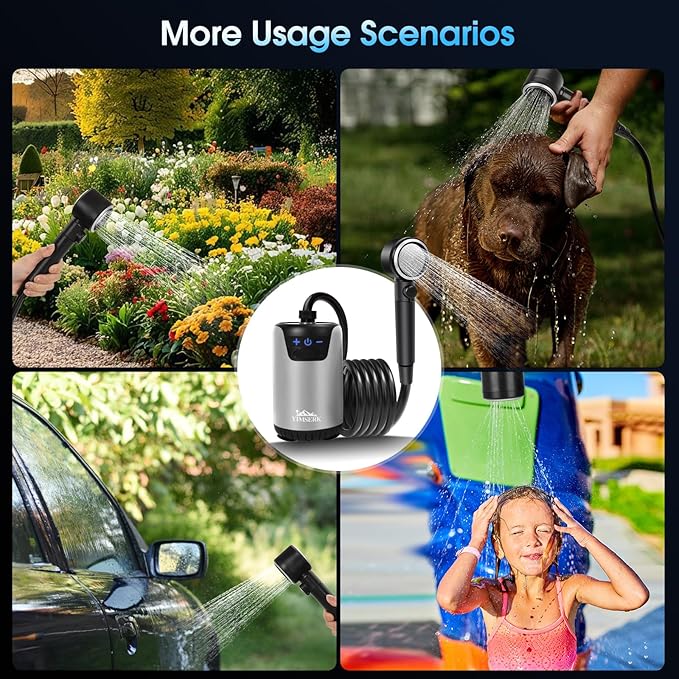 8000mAh Portable Camping Shower, 10-Speed Camp Shower Pump, LED Display, 4 Spray Modes, IPX8 Waterproof Outdoor Shower Kit for Hiking, Travel, Pet, Car Wash