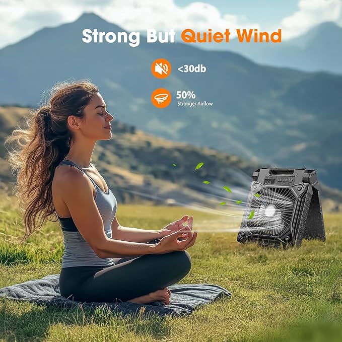 Solar Camping Fan with LED Lantern, 20000mAh Rechargeable Battery Powered with 10W Solar Panel, Quiet Battery Operated Tent Fan for Picnic, Barbecue, Fishing, Travel