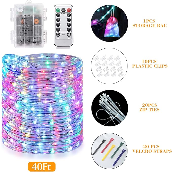 Camping Tent String Lights, 40Ft 120 LEDs 8 Modes Color Changing LED Rope Lights Battery Powered, Outdoor Waterproof LED Tent Light Great for Camping, Canopy, Hammock, Trampoline