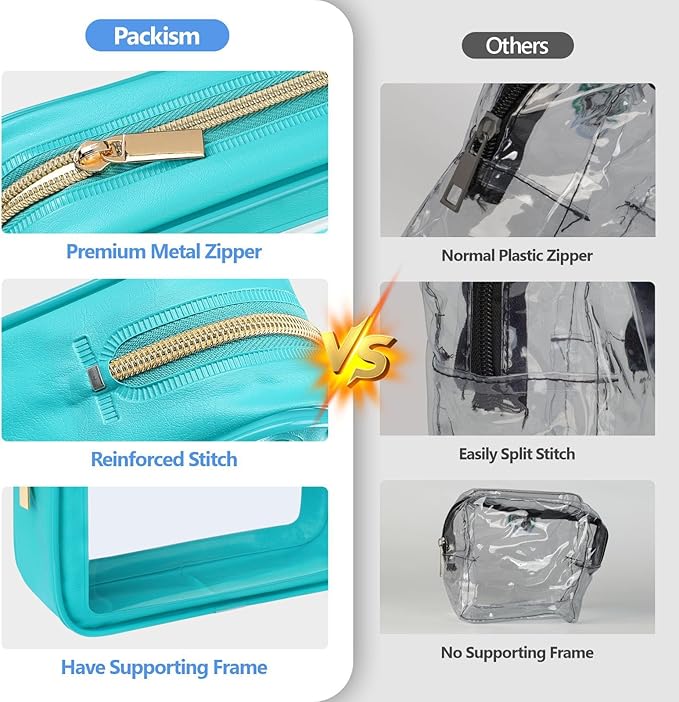 PACKISM TSA Approved Toiletry Bag - 3 Pack Upgrade Color-Edged Clear Makeup Bag, Clear Toiletry Bag For Traveling Fits Various Storage Needs, Turquoise