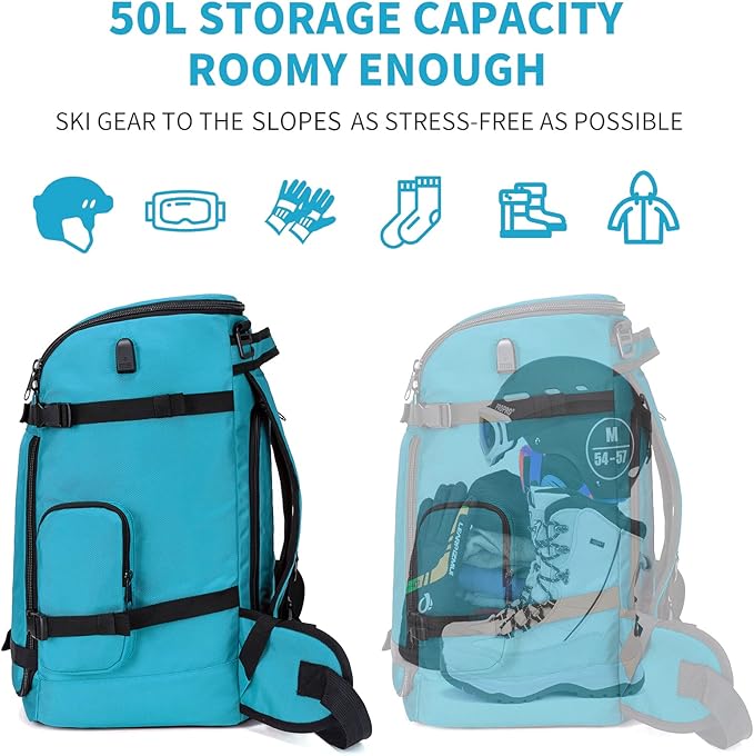 Ski Boot Bag Backpack, 50L Large Capacity Water-Resistant Padded Ski Travel Bag & Snowboard Boot Bag for Ski Boots, Helmet, Goggles, Clothes, Gloves, Snowboard Gear (Cyan)