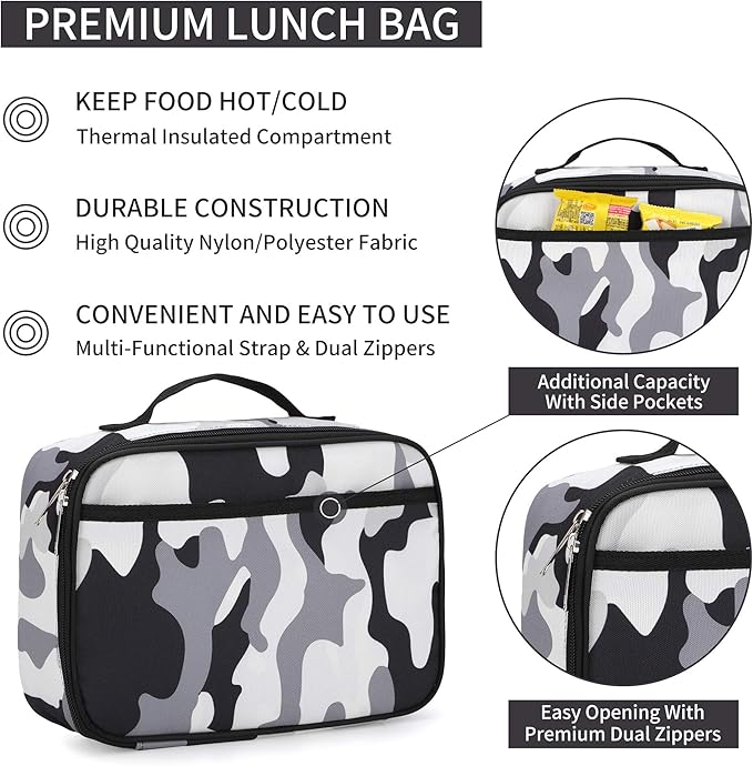 Rickyh Style Lunch Box with Padded Liner, Spacious Insulated Lunch Bag for Men and Women, Durable Thermal Lunch Cooler with Strap, 2 Pockets, 10 x 8 x 3.7 in