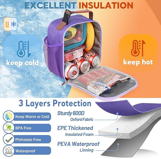 Lunch Bag for Women Men Girls Teens Insulated Leakproof LunchBox for Adult Reusable Lunch Box with Bottle Holder for Work Office School Travel Picnic-Purple/White