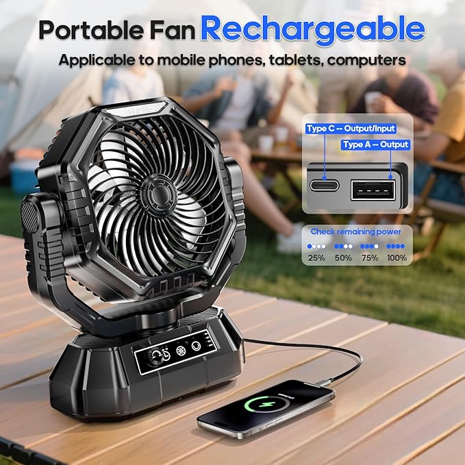 Portable Fan Rechargeable, 20000mAh Battery Powered Fan, LED Light, Remote Controller, Dual-Blade, 90°/270° Swing, 1-3H Timer, Battery Operated fan For Travel Tent Camping Bedroom Office Beach Fishing