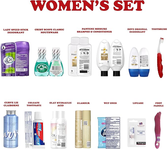 Womens Travel Toiletry Kit, 13 Travel-Size Hygiene Essentials for Bath, Shaving, Personal Care in TSA-Compliant Transparent Bag, Mini Toiletries Kit for Business, Charity, Gift for Her