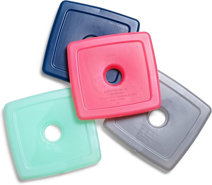 Cool Coolers by Fit & Fresh 4 Pack Slim Ice Packs, Quick Freeze Space Saving Reusable Ice Packs for Lunch Boxes or Coolers, Multi Colored