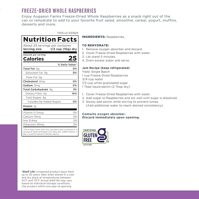 Augason Farms Freeze Dried Whole Raspberries Can, Emergency Food Supply, Everyday Meals, 23 Servings