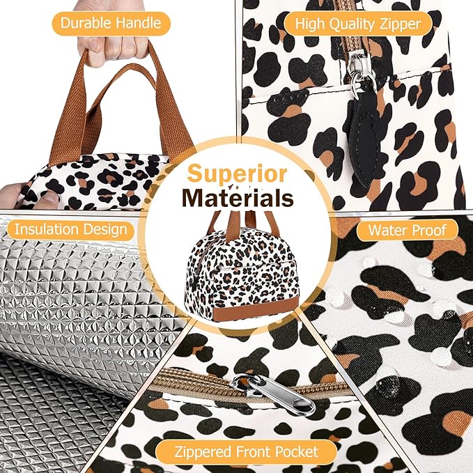 Lunch Box Lunch Bag for Women Men, Leakproof, Insulated Lunch Box Tote with Large Capacity, Lunch Container for Work/Office (Small Leopard Print)