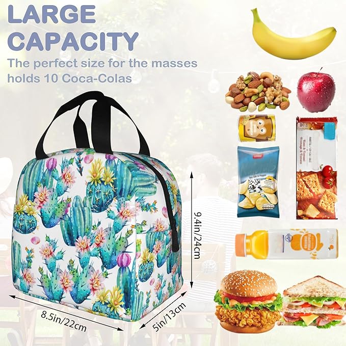 Insulated Lunch Bag,Watercolor Blooming Cactus Lunch Box for School Student Kids Boys Girls,Leakproof Small Lunch Tote for Adult Men Women,Reusable Lunch Cooler Tote Bag for Office Work Picnic