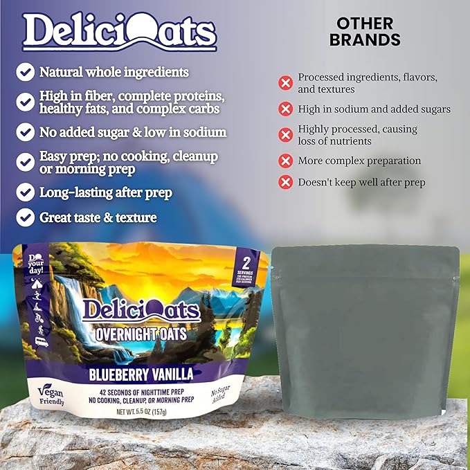 DeliciOats Overnight Oats | Dairy Free, Soy Free, Gluten Free Oatmeal for Backpacking, Camping, Emergency Food, and Everyday Breakfast (Pack of 1, Blueberry Vanilla)