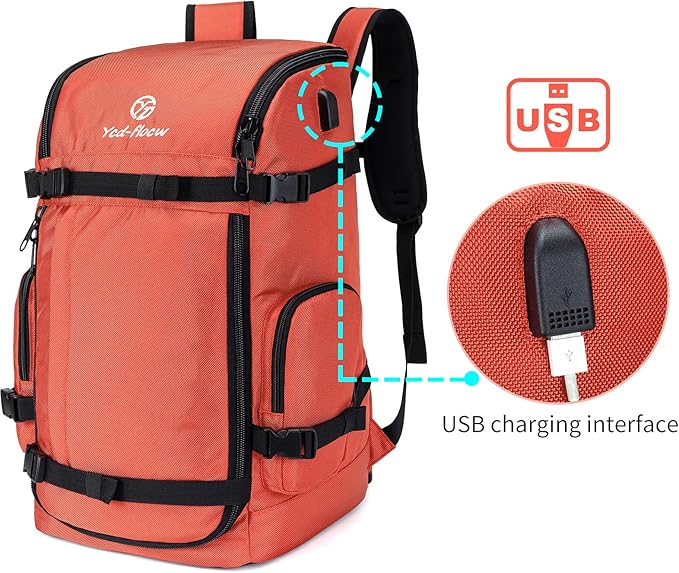 Ski Boot Bag Backpack, 50L Large Capacity Water-Resistant Padded Ski Travel Bag & Snowboard Boot Bag for Ski Boots, Helmet, Goggles, Clothes, Gloves, Snowboard Gear (Orange)